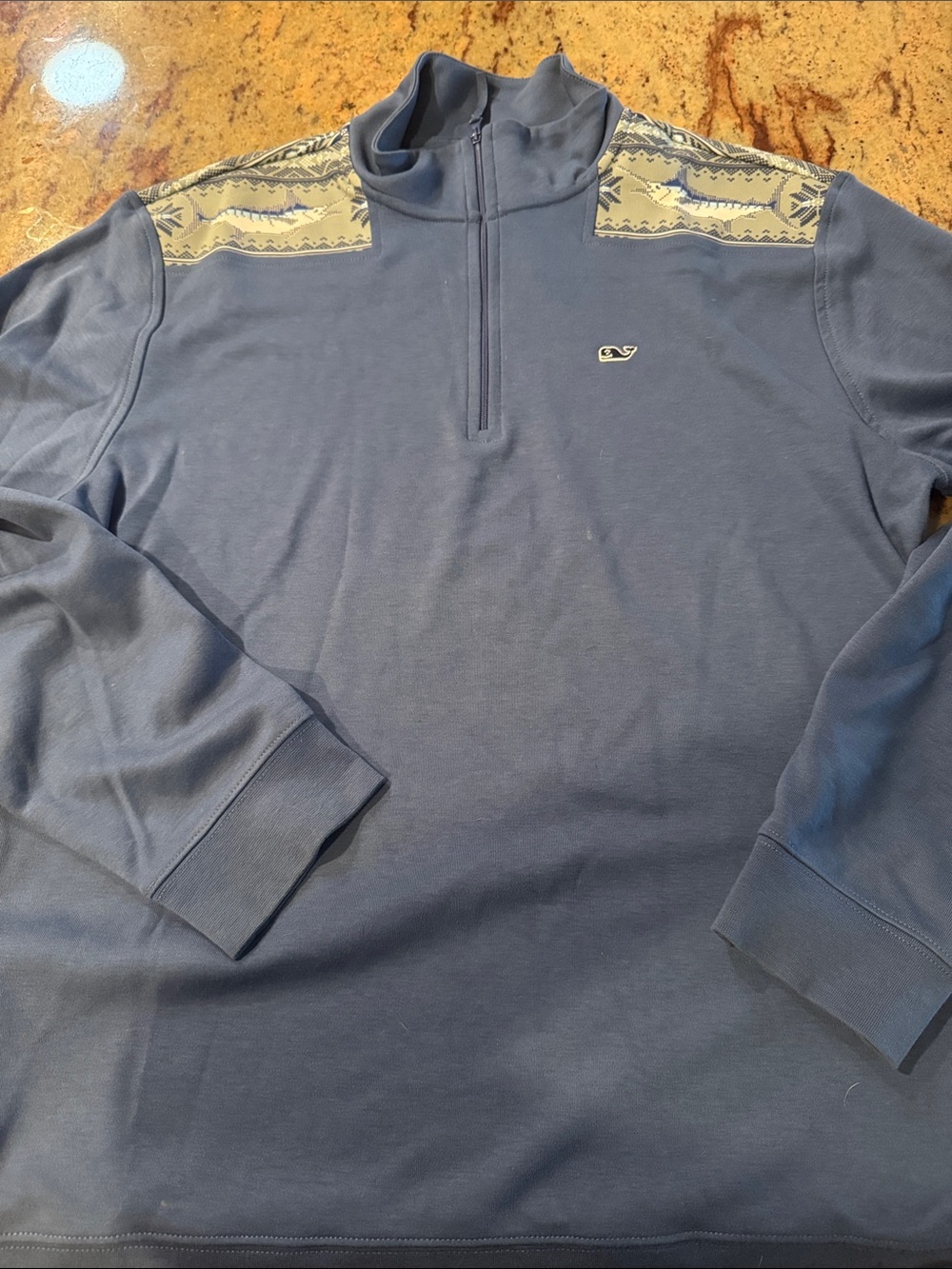 Vineyard Vines Blue Quarter-Zip Pullover with Patterned Shoulder Panels